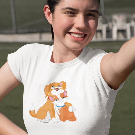 T-shirt Maglietta Cagnolino e Gattino Abbracciati